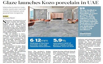 Glaze Granite & Marble launches KOZO, a large-format porcelain brand in UAE - Gulf News, Business Corporate News, September 29, 2023